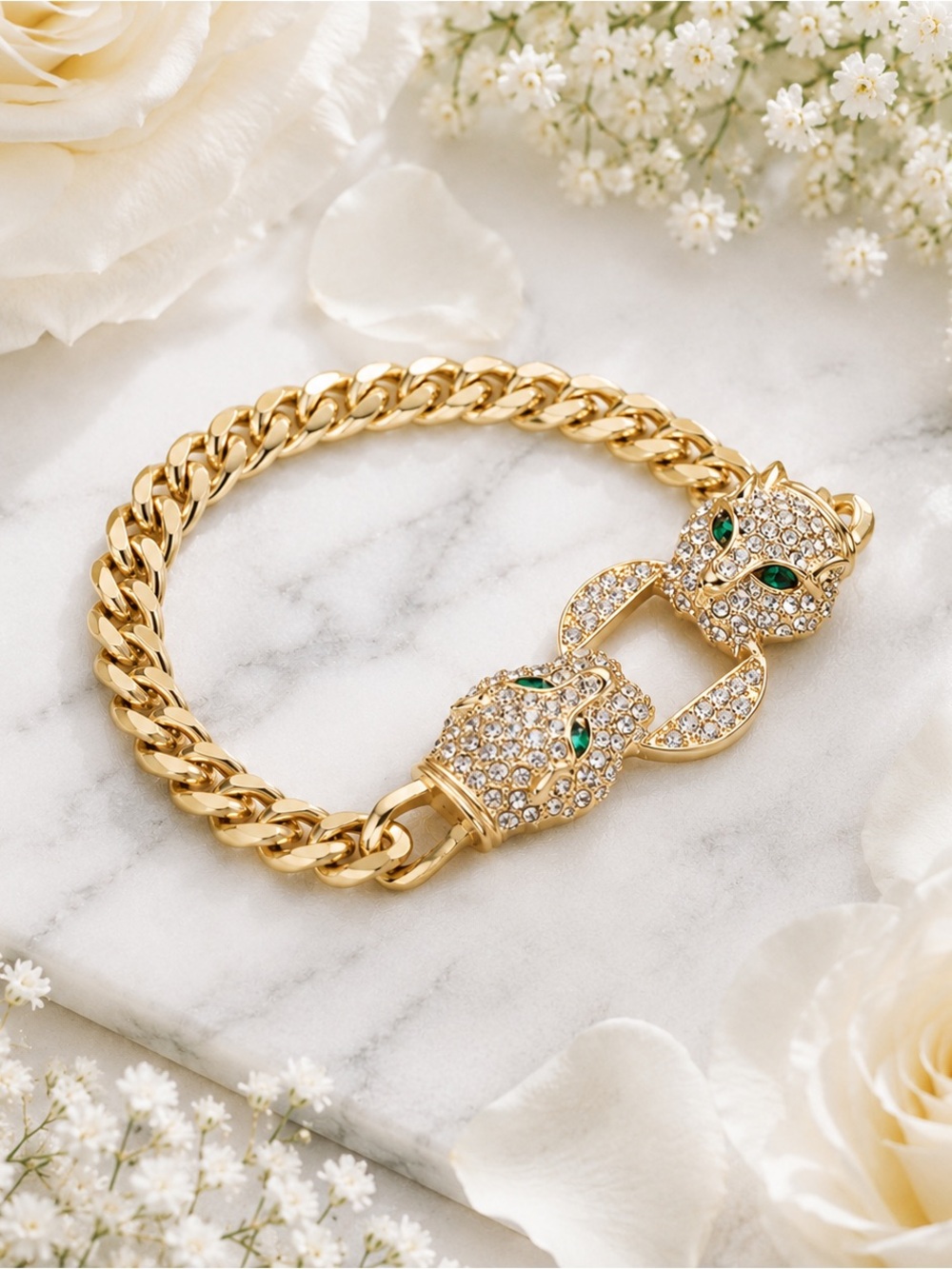 Gold Panther Head Crystal Chain Bracelet with Green Eyes